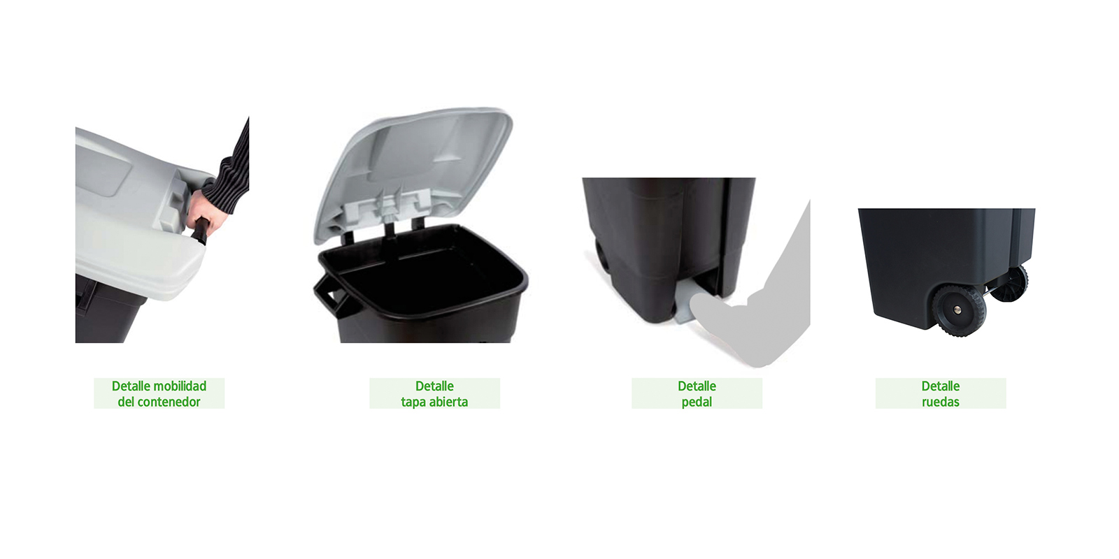 Contenedor Teix 120 L – Detalles funcionales Detalles del Contenedor Teix de 120 L con pedal, ruedas y tapa abatible