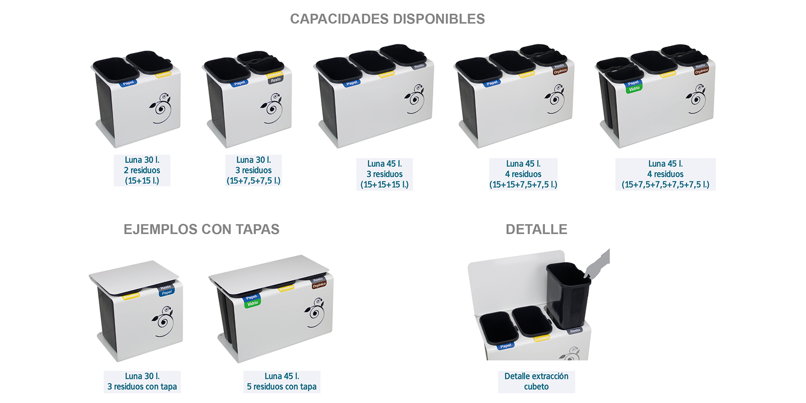 Papelera Luna para interior y exterior con capacidades y configuraciones disponibles