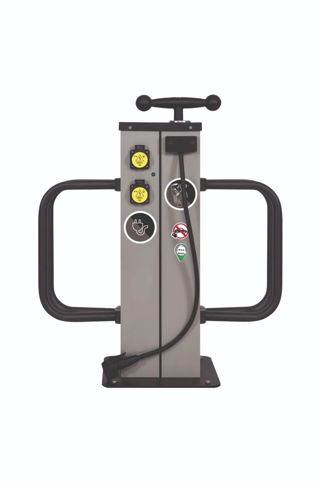 Estación eléctrica de mantenimiento de bicicletas E-Mínima - Vista con doble asa Estación eléctrica de mantenimiento de bicicletas E-Mínima con doble asa de protección